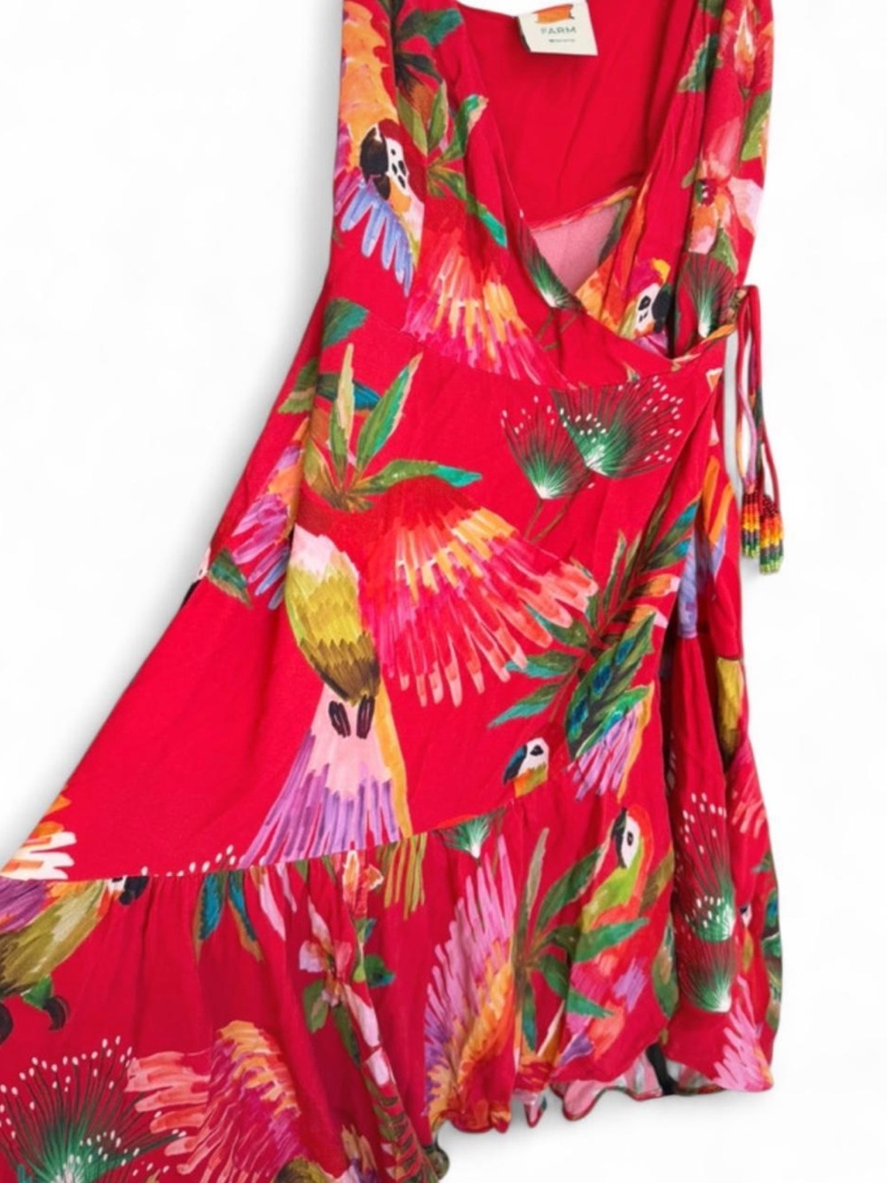 FARM Rio Red Macaw Wrap Dress, vibrant, tropical print, wrap silhouette, Sz M - Picture 4 of 5